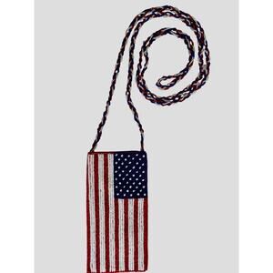 Beaded American Flag Crossbody Bag/Patriotic Seed Bead Pouch with Braided Strap